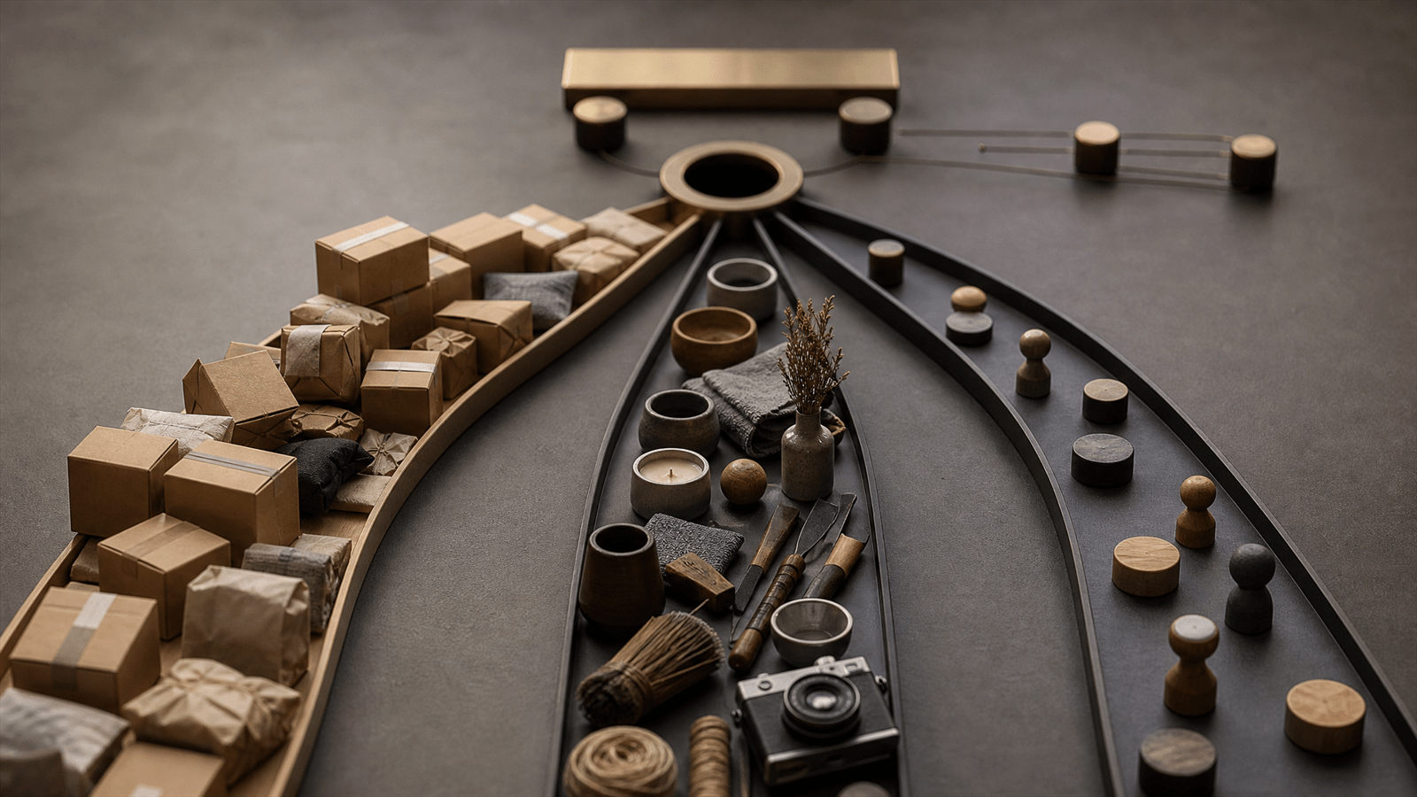 A studio miniature with three social feed lanes where branded parcels, creator objects and small friend tokens compete for attention.