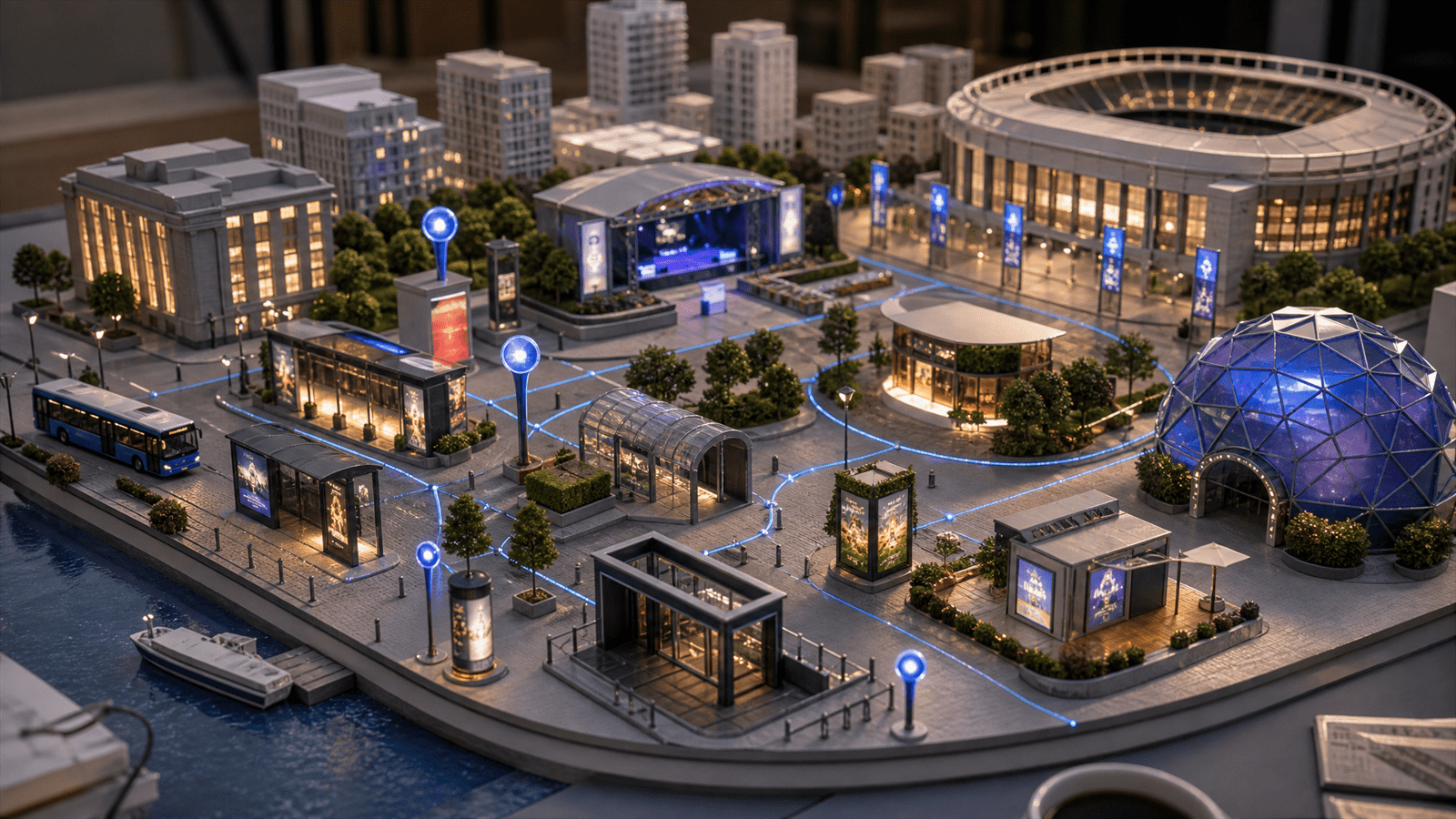A miniature city journey model with transit panels, stadium gates, pop-up stages and measurement pins connected along a fan route.