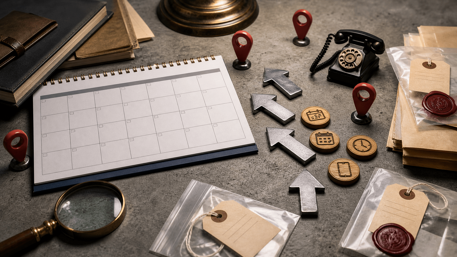 A local marketing evidence bench with blank September calendar tiles, map pins, phone-call markers and booking tokens arranged for data reconciliation.
