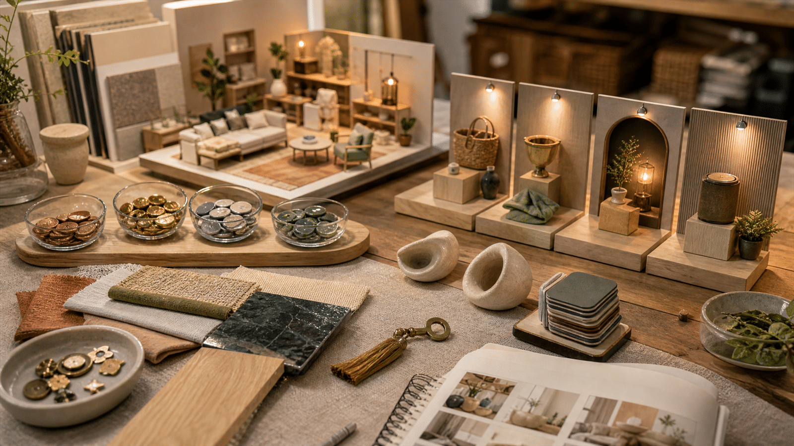 A home-decor loyalty workbench with reward tokens, material samples, a miniature showroom, listening objects and benefit stations.