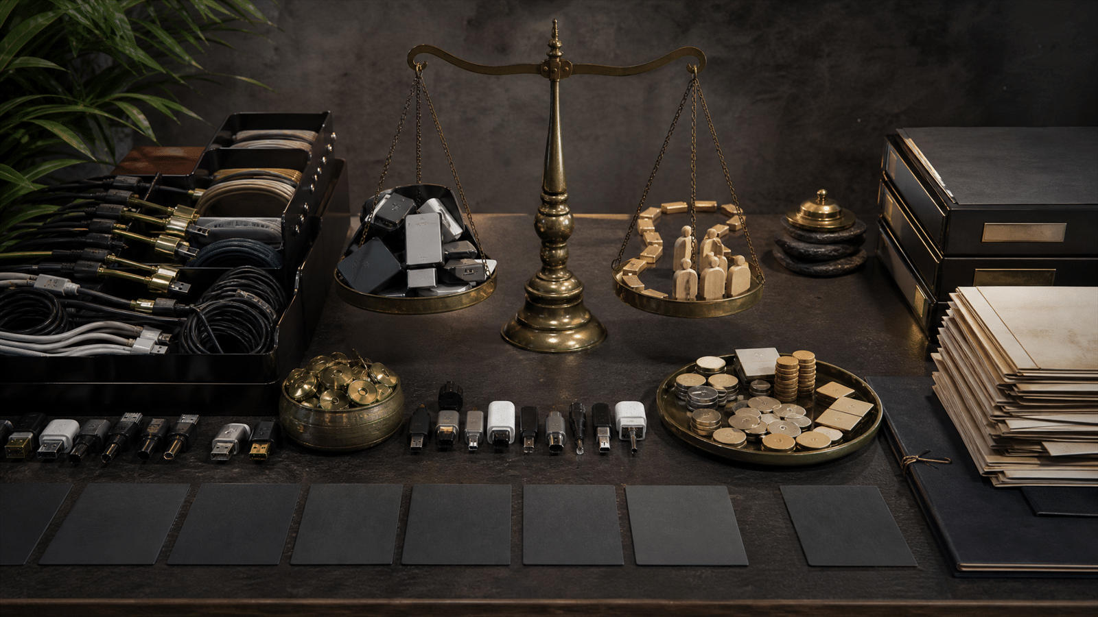 A martech audit workbench with connector cables, contract folders, consent tokens and a scale comparing unused tools with customer journeys.