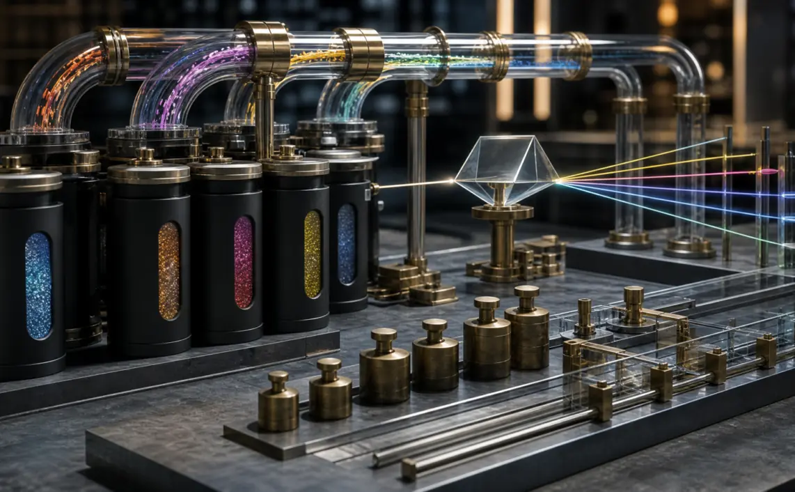 A signal foundry with sealed data canisters, glass pipes, brass experiment weights and a prism splitting measurement beams.