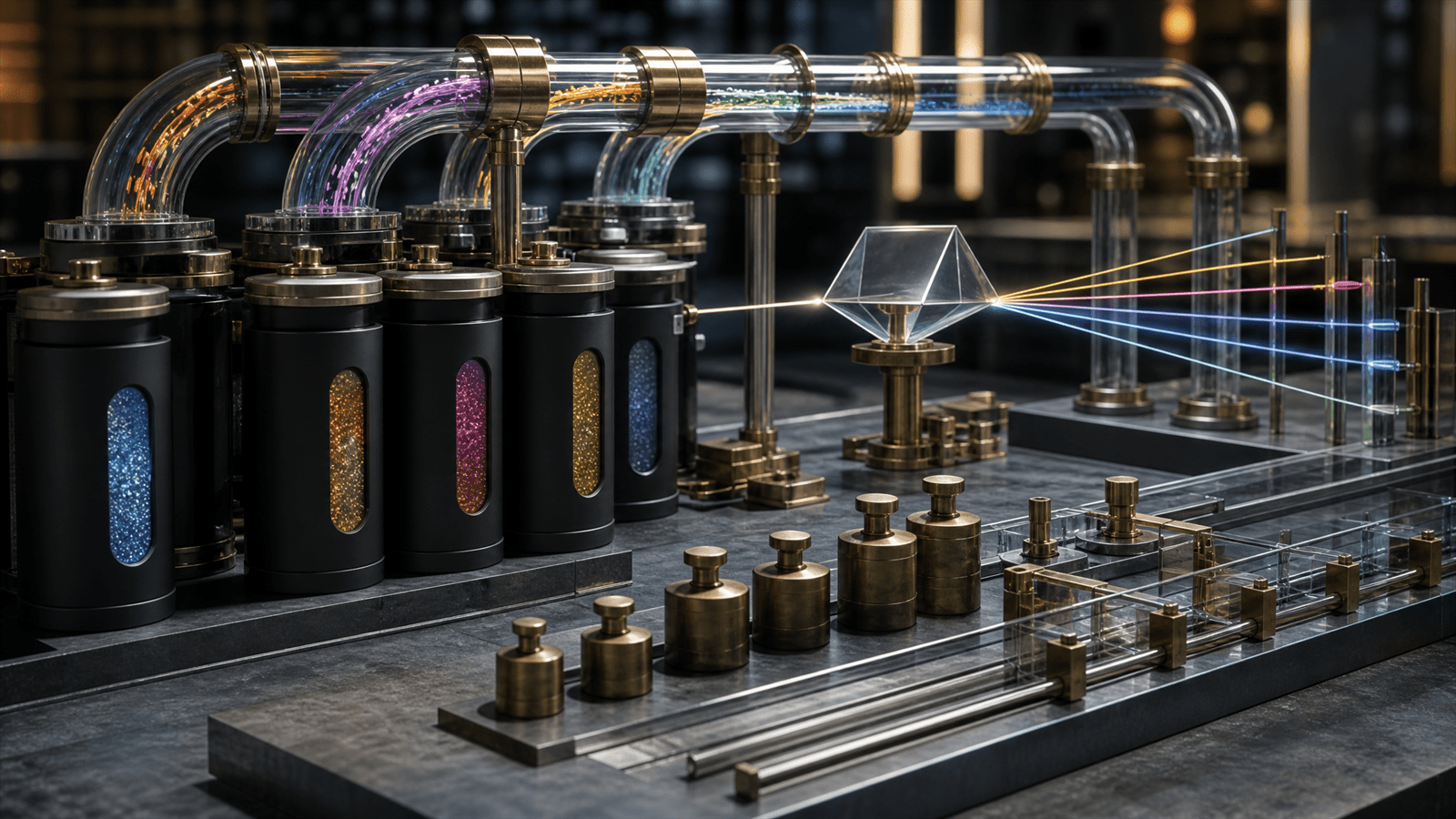 A signal foundry with sealed data canisters, glass pipes, brass experiment weights and a prism splitting measurement beams.