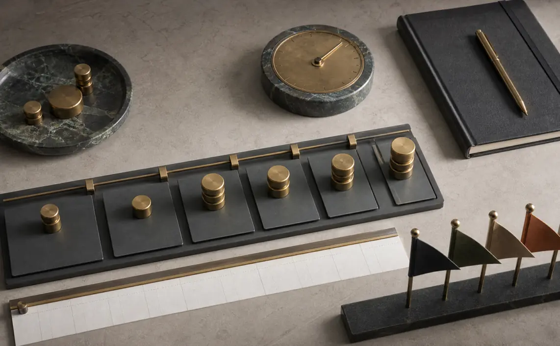 A studio still life of movable budget weights on channel tiles, with acquisition, brand equity and AI discovery markers balanced on a planning rail.