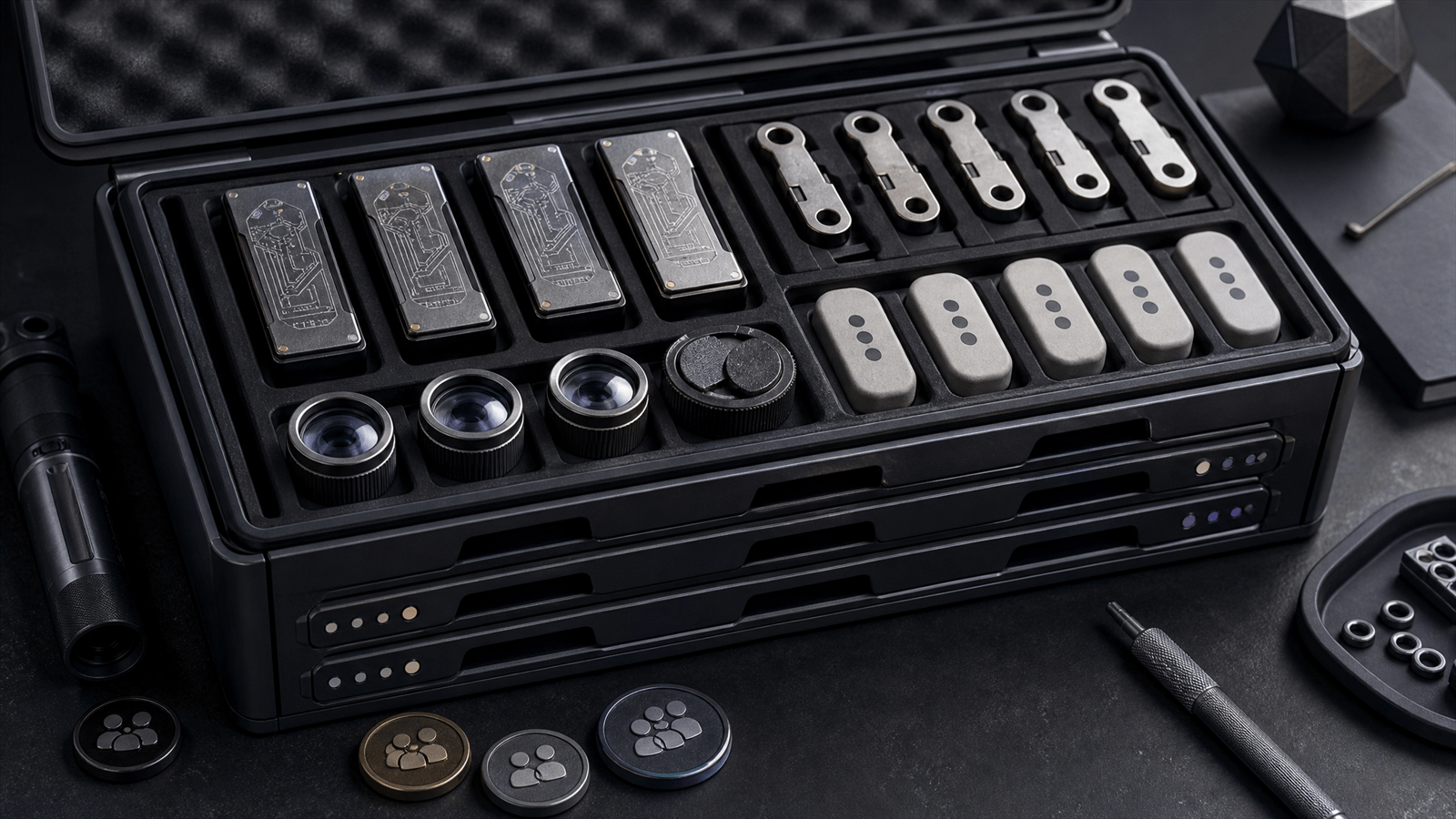A modular subscription toolbox with sealed AI cartridges, analytics lenses, link keys and customer message capsules arranged on a dark workbench.