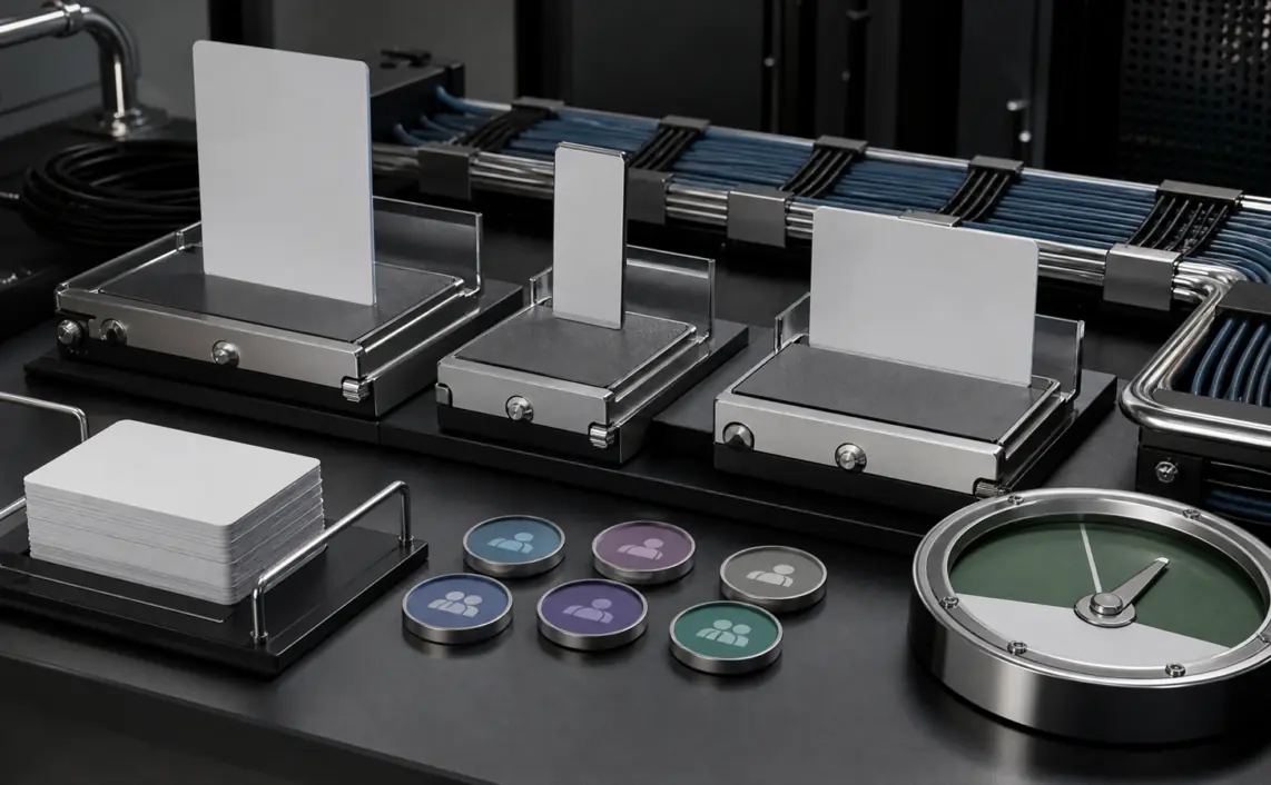 A media-control bench with blank device blocks, landing-page cards, audience tokens and an approval gauge arranged for campaign supervision.