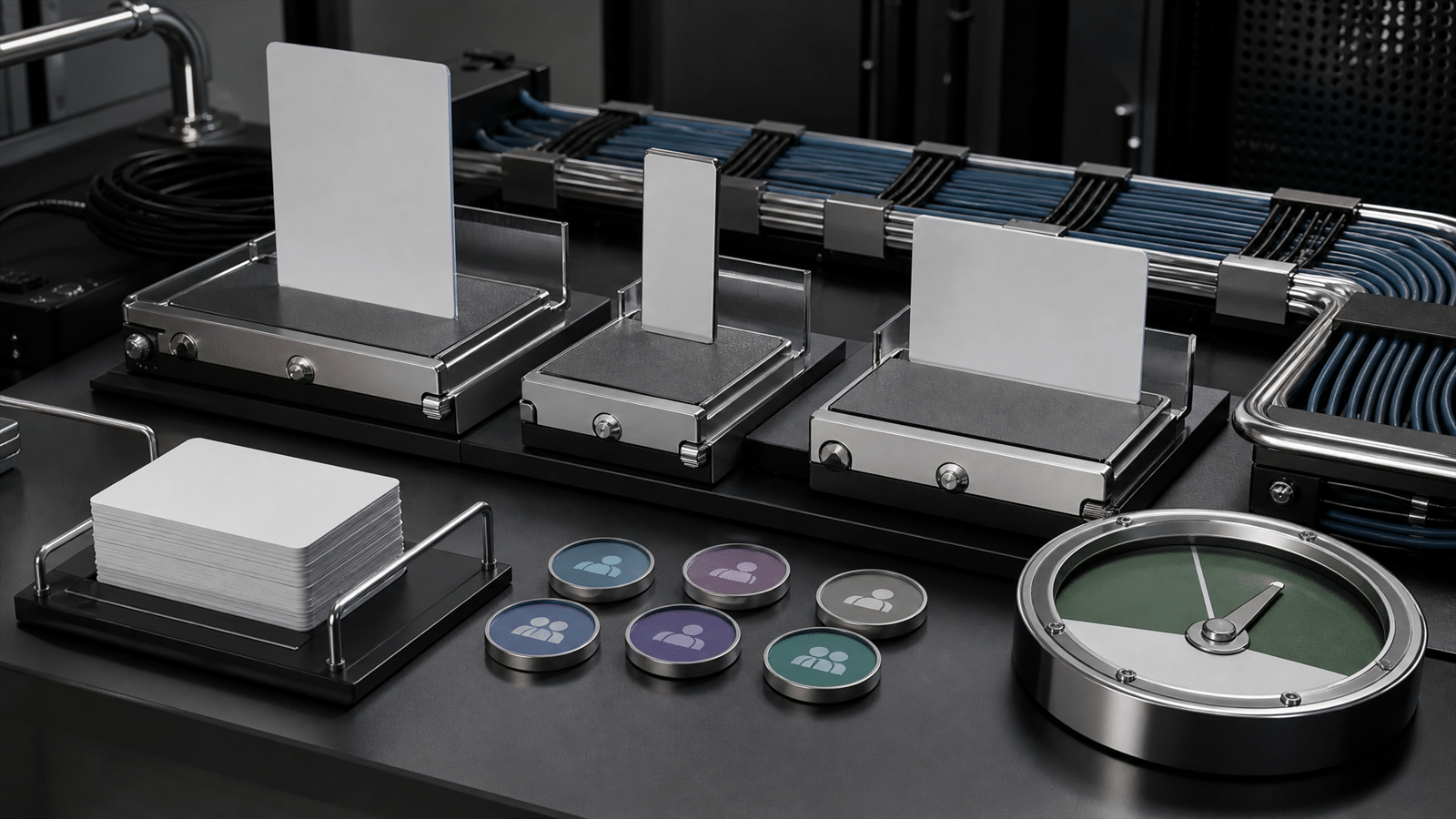 A media-control bench with blank device blocks, landing-page cards, audience tokens and an approval gauge arranged for campaign supervision.