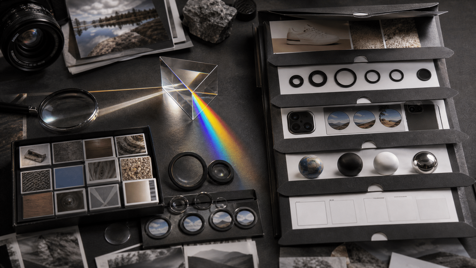 A camera-lens prism splits visual-search evidence into photo swatches, lens rings, calibration weights and page-level specimen sleeves.