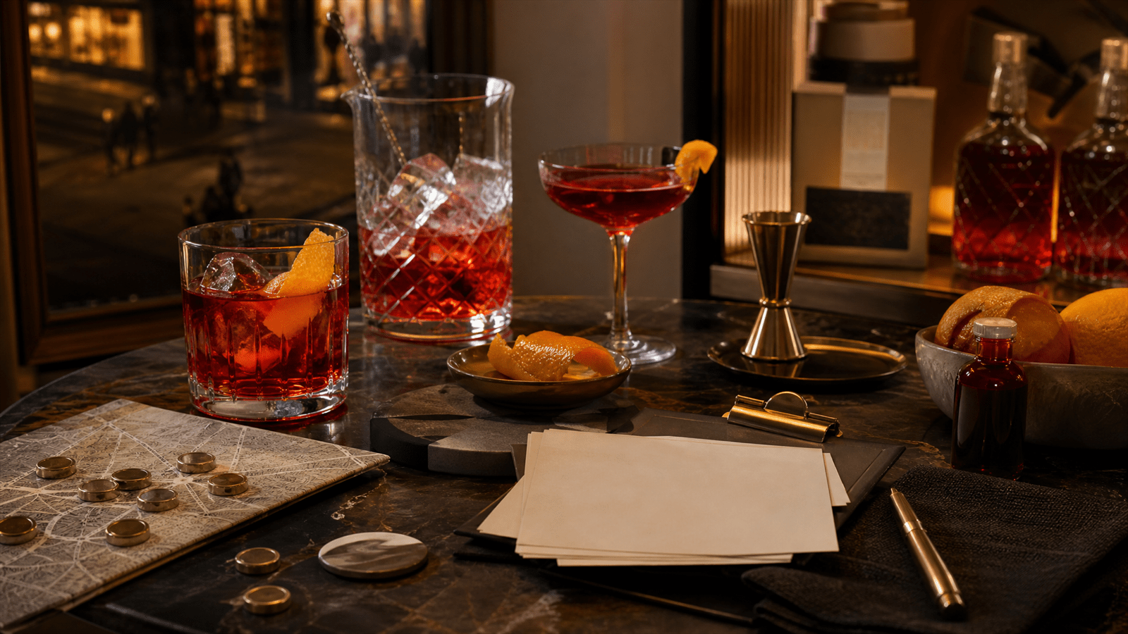 A premium occasion-planning shelf with bitter-orange aperitif glassware, bar-route tokens, recipe cards without text and event timing markers.