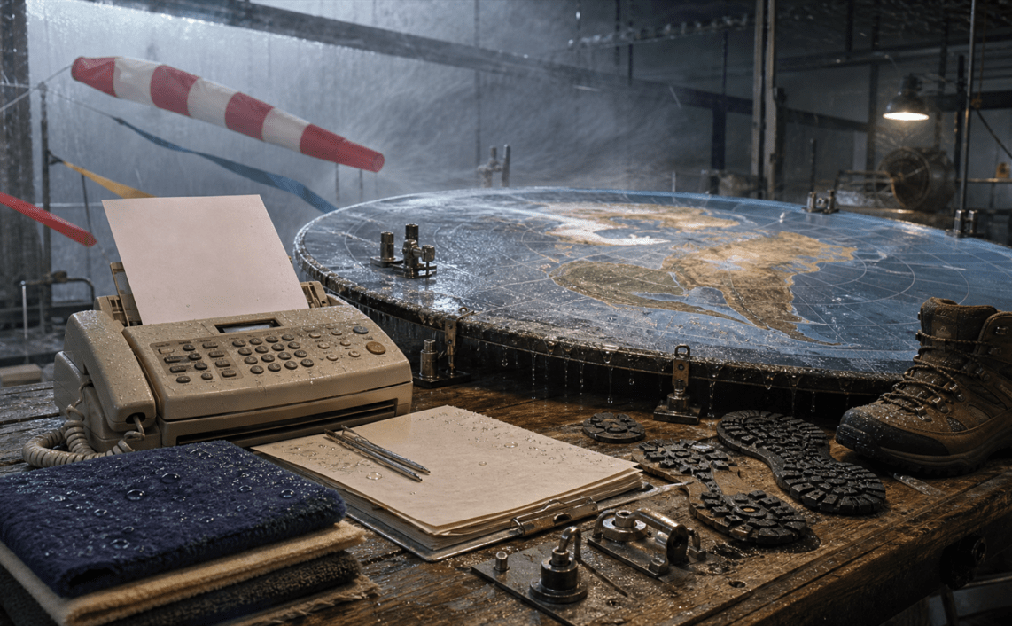 A wet outdoor testing bench with a retro fax machine, fleece samples, a curved world map, boot treads and rain equipment.