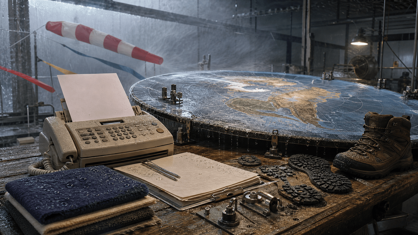 A wet outdoor testing bench with a retro fax machine, fleece samples, a curved world map, boot treads and rain equipment.