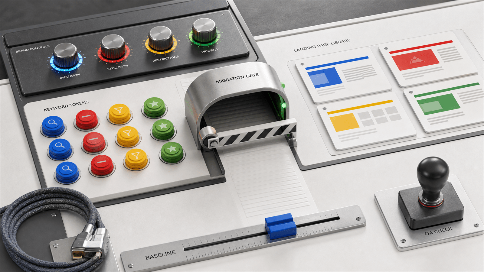 A paid-search migration workbench calibrates keyword tokens, landing-page tiles and brand-control dials before an AI Max rail opens.