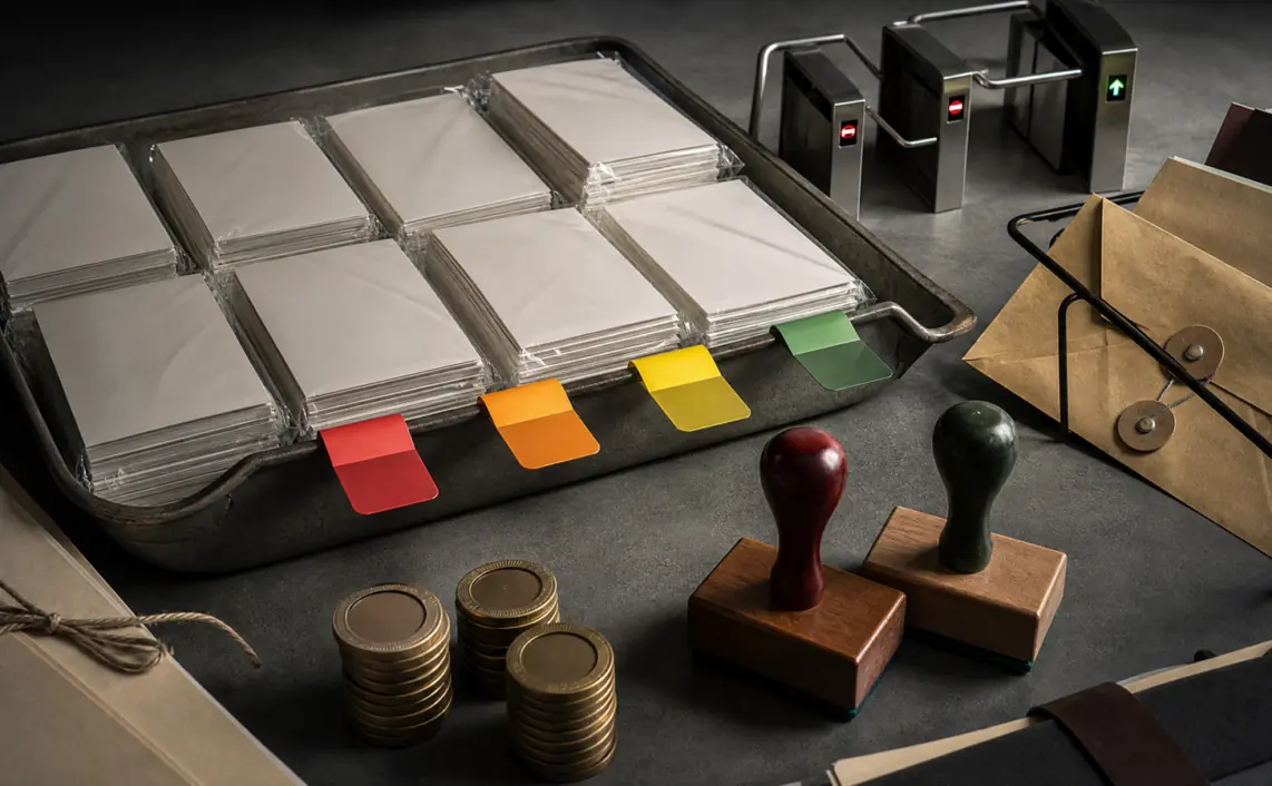 A paid-social policy review tray with sealed ad cards, review tabs, approval stamps and media budget tokens waiting at platform gates.