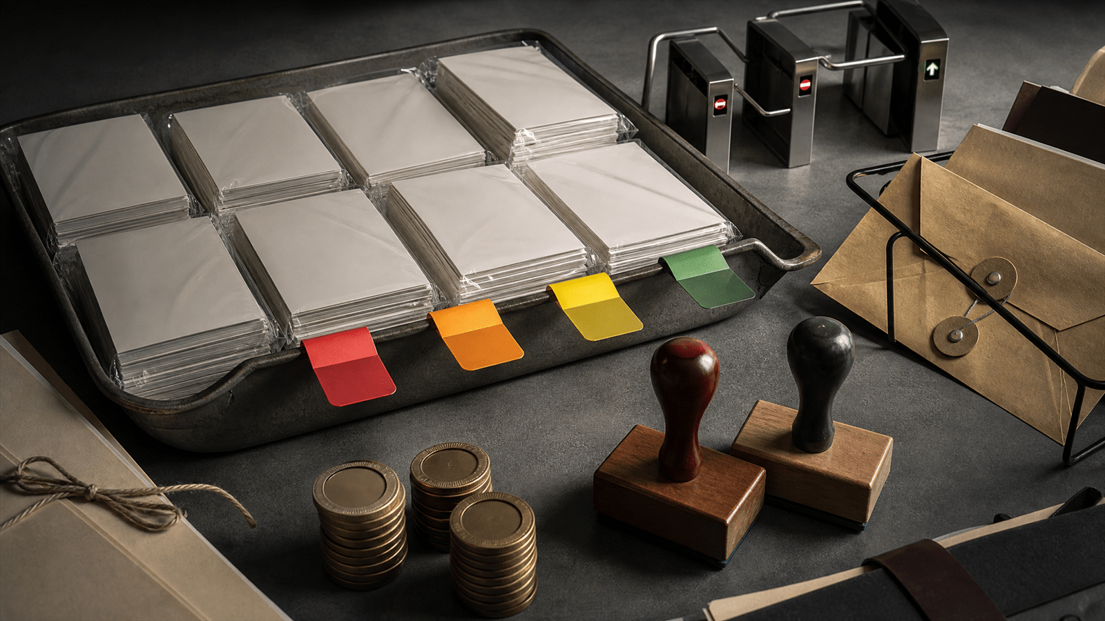 A paid-social policy review tray with sealed ad cards, review tabs, approval stamps and media budget tokens waiting at platform gates.