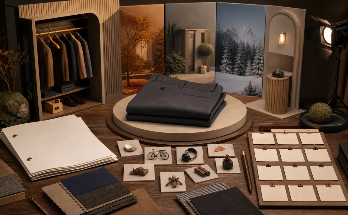 A miniature wardrobe stage with folded trousers, script pages, props and modular scene pieces arranged around a product-led content calendar.