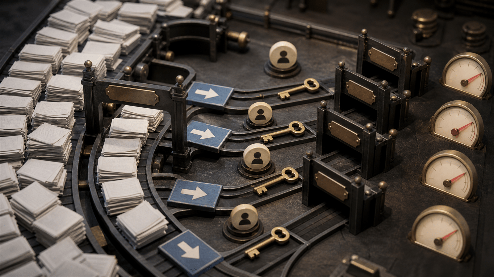 A publisher audience routing room reorganizes search-route cards, newsletter keys, CRM tokens and retention gauges around a tighter content operating model.