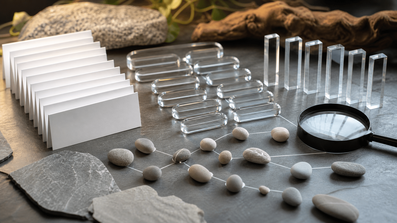 A search evidence shelf with folded question cards, transparent answer capsules and citation prisms arranged for SEO diagnosis.
