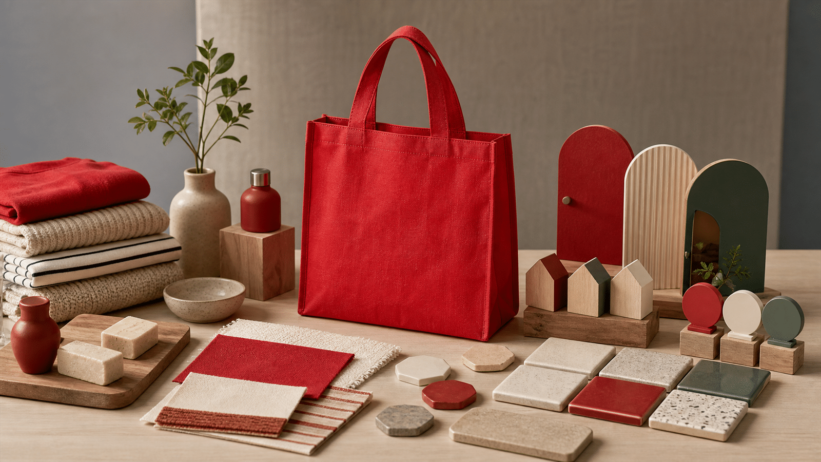 A retail discovery table with a plain red reusable bag, product story objects, creator tokens and activation stations arranged around it.