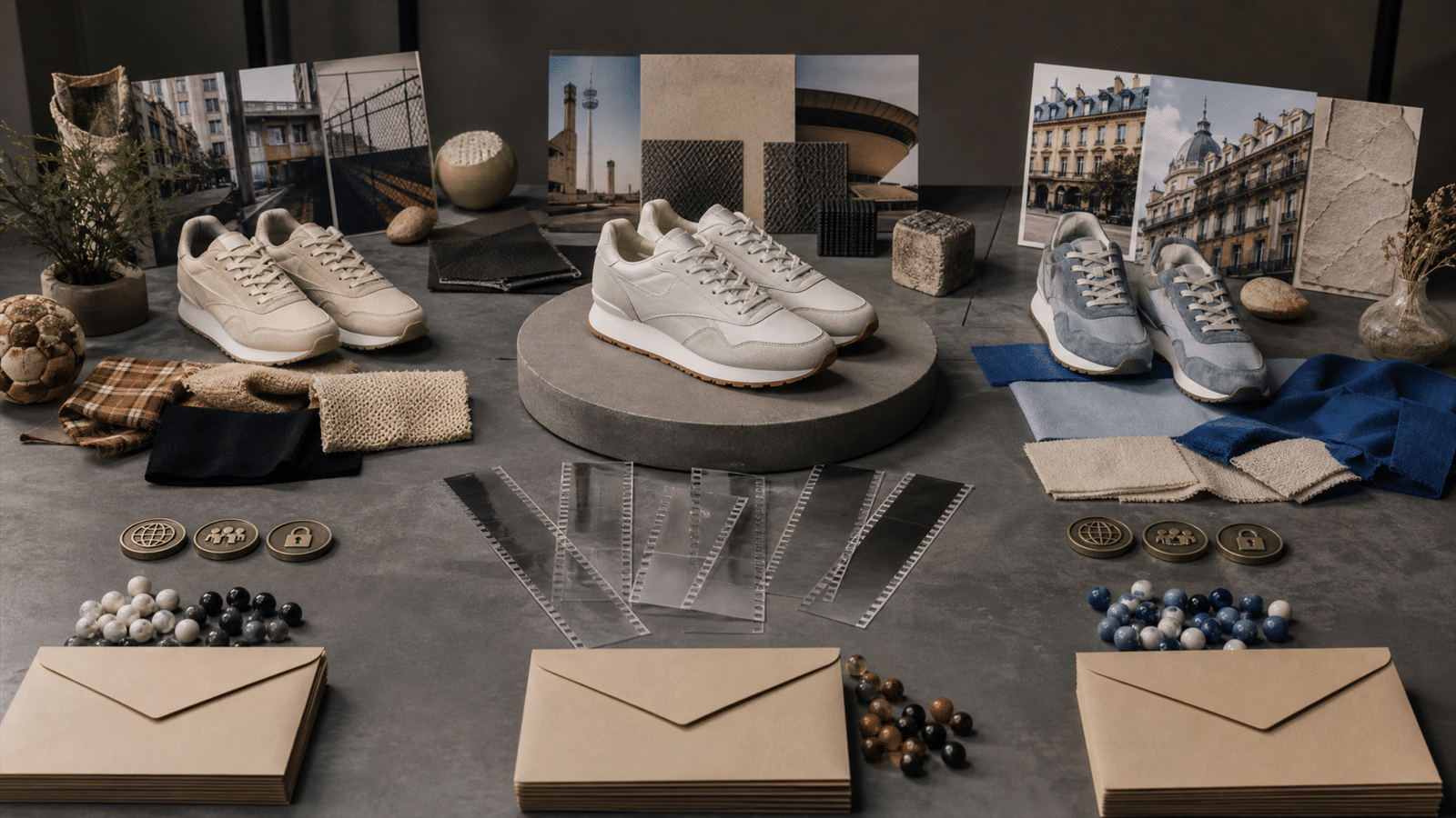 A studio table with unbranded sneakers, three market kits, blank creator briefing envelopes, rights tokens and content reels.