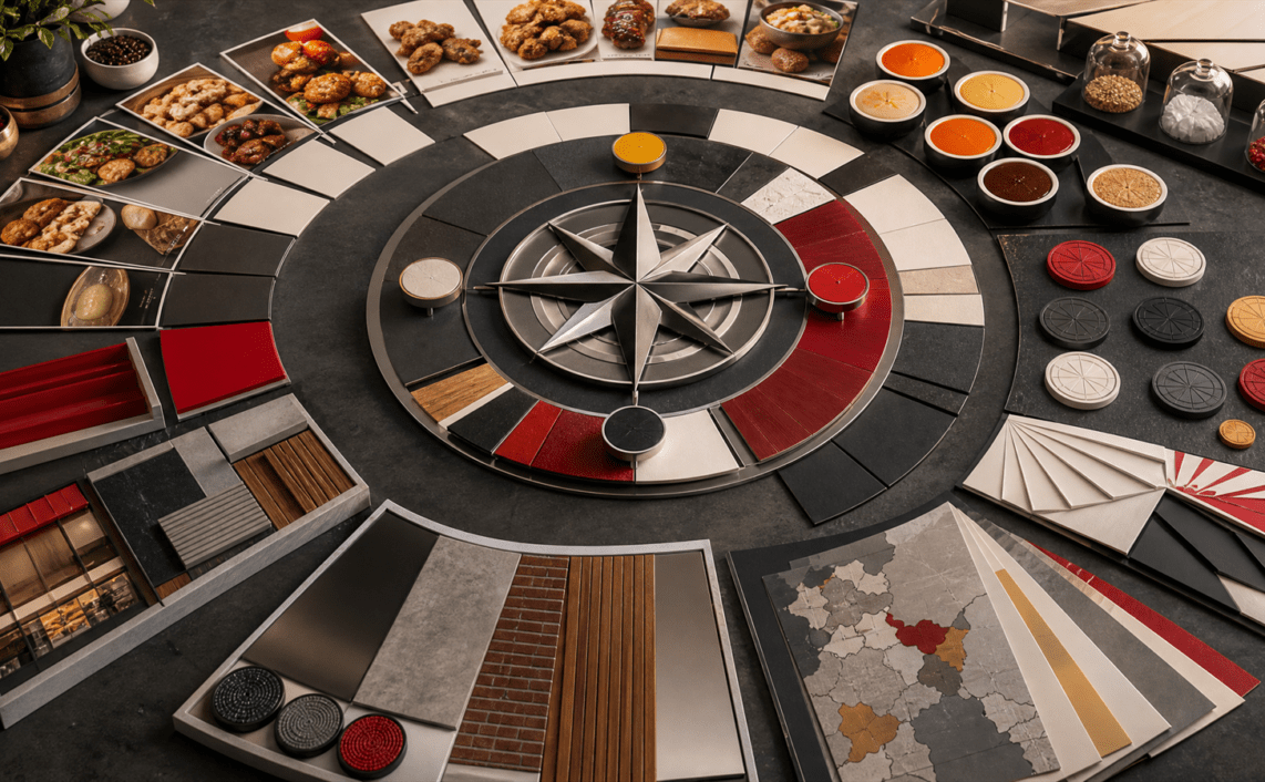 A restaurant brand compass workshop aligns menu concept tiles, loyalty tokens, store-design materials and market folders around one global identity system.