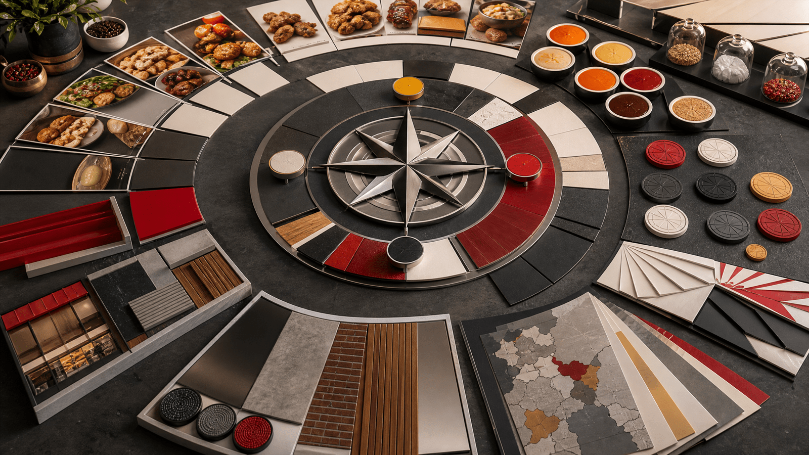 A restaurant brand compass workshop aligns menu concept tiles, loyalty tokens, store-design materials and market folders around one global identity system.