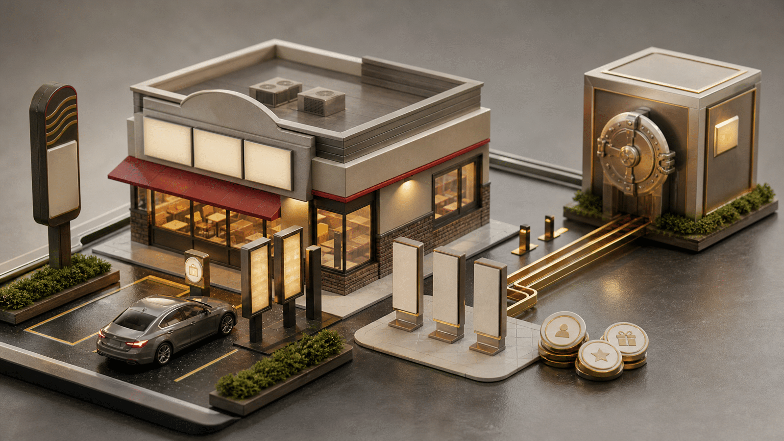 A miniature quick-service restaurant with app order tokens, blank menu-board slabs, drive-thru markers, loyalty coins and a separate advertiser inventory vault.