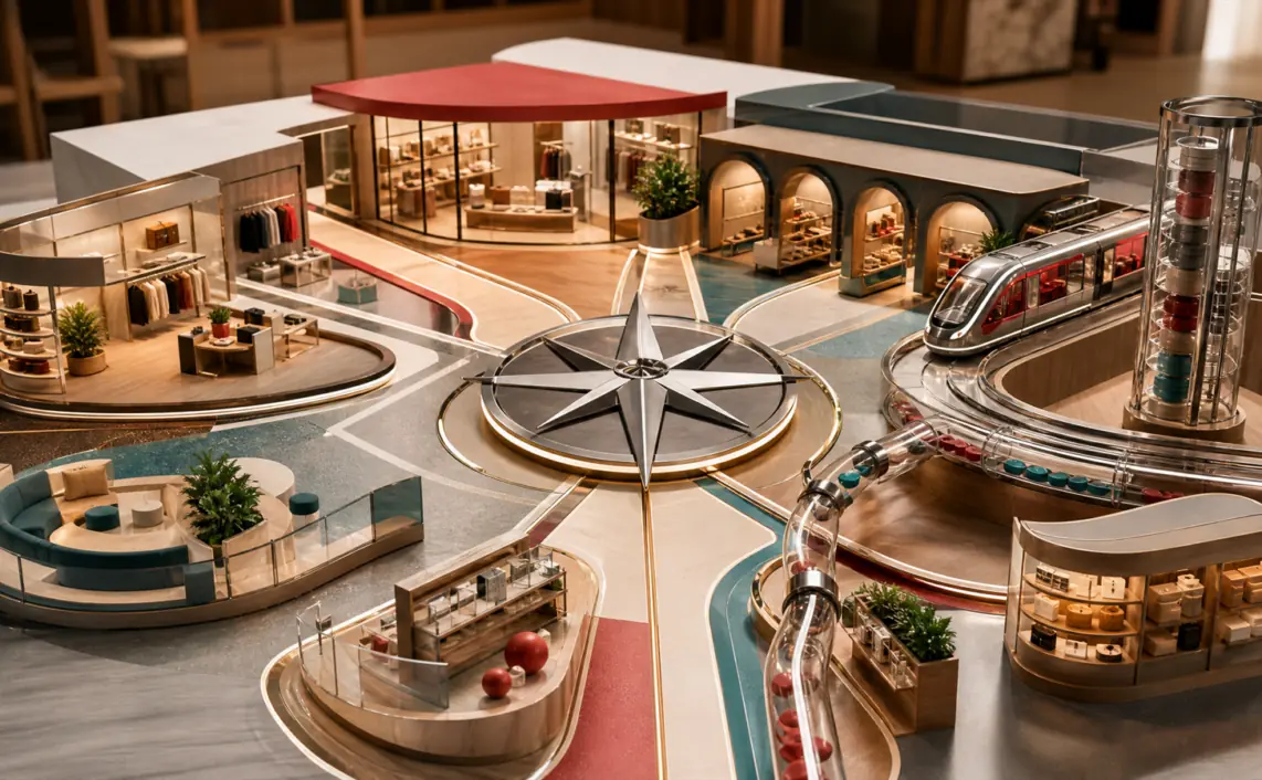 A miniature retail city model with storefront aisles, loyalty tokens, marketplace shelves, retail-media rails and a central metal compass.