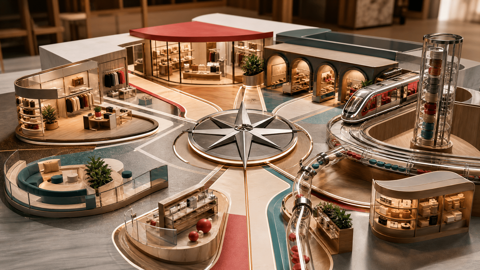 A miniature retail city model with storefront aisles, loyalty tokens, marketplace shelves, retail-media rails and a central metal compass.