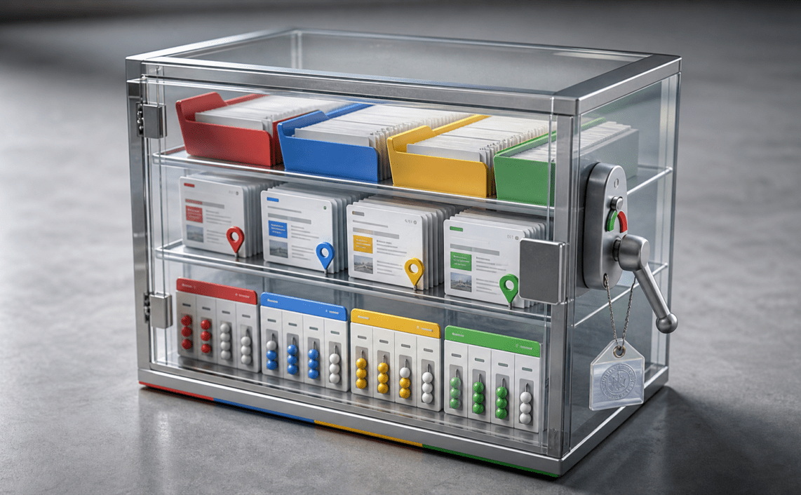 A glass Search Console property cabinet holds page tiles, country markers, impression counters and an inclusion control under audit seals.