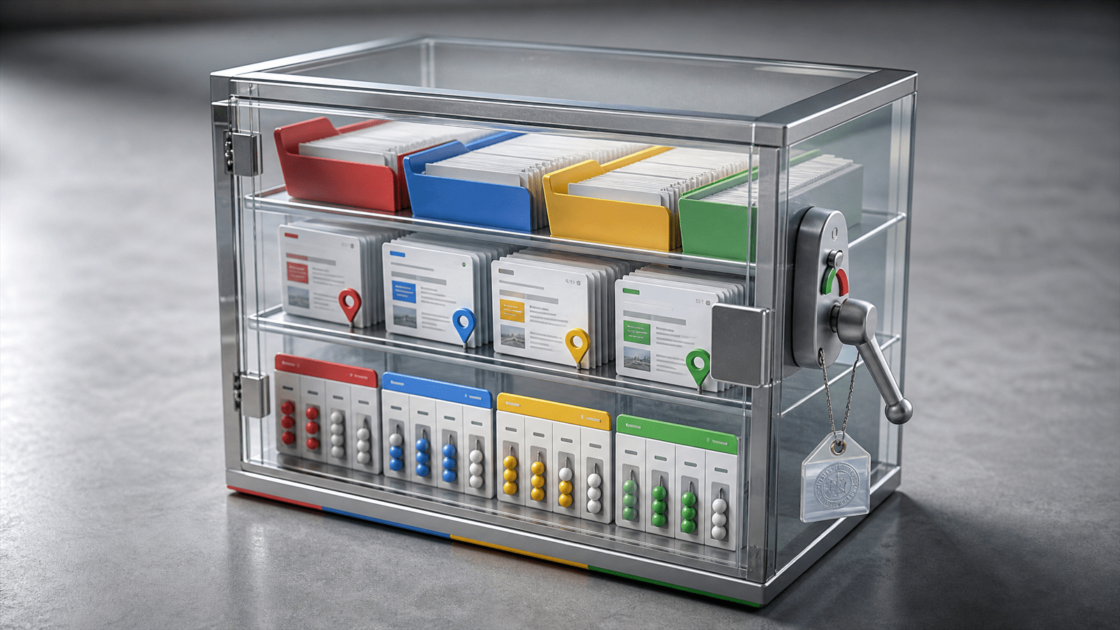 A glass Search Console property cabinet holds page tiles, country markers, impression counters and an inclusion control under audit seals.
