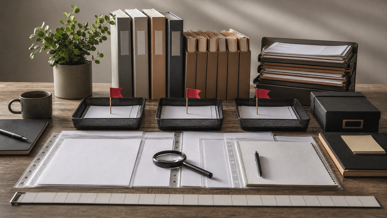 A search quality triage table with policy folders, blank page samples, red audit flags and a calendar ruler arranged for an SEO review.