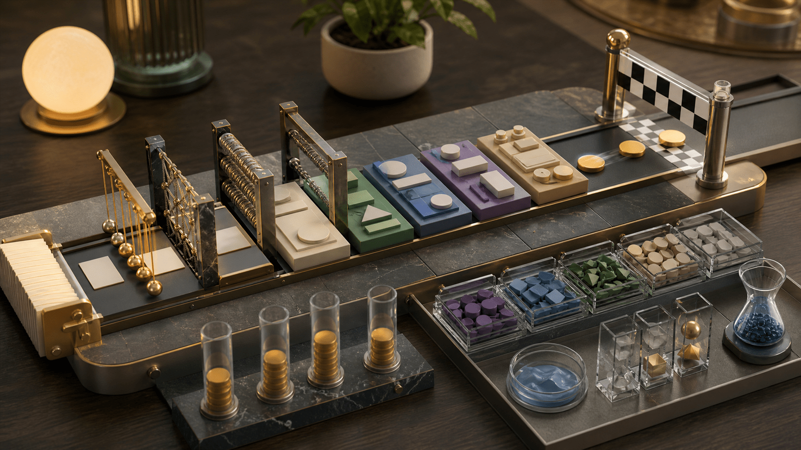 A miniature search-path laboratory with query cards, friction gates, completion tokens and a clear finish-line mechanism.