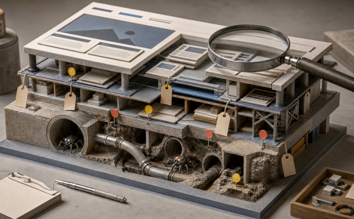 A cutaway architectural model of website pages, crawl tunnels, repair tags and a magnifying lens representing expert SEO audit review.