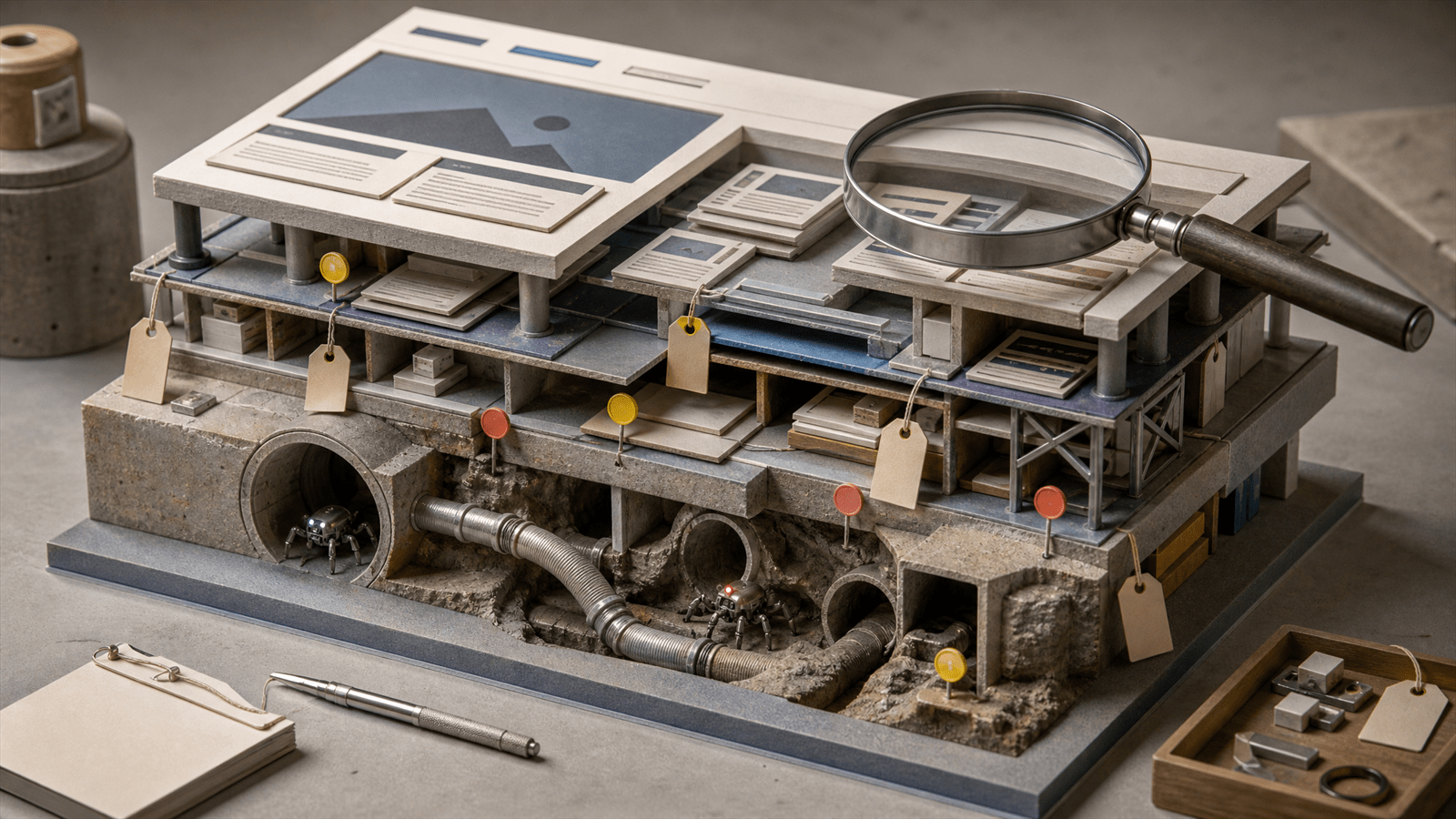 A cutaway architectural model of website pages, crawl tunnels, repair tags and a magnifying lens representing expert SEO audit review.