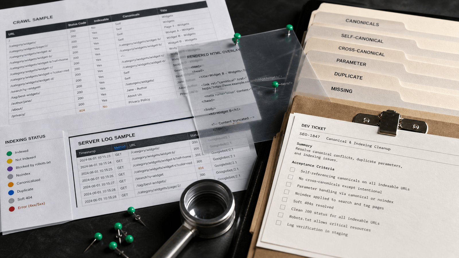 A forensic SEO workbench assembles crawl samples, rendered HTML sheets, Search Console signals and developer tickets into one evidence pack.