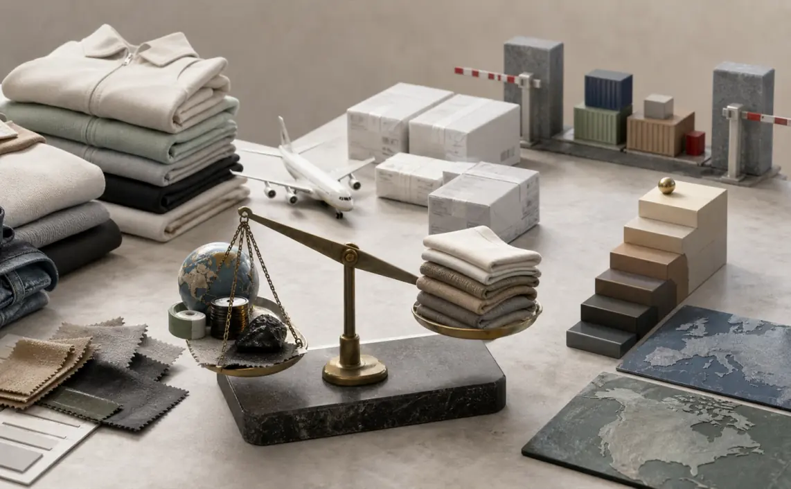 A fashion supply table with folded garments, parcels, customs gates, regional tiles, a price ladder and a margin scale under tension.