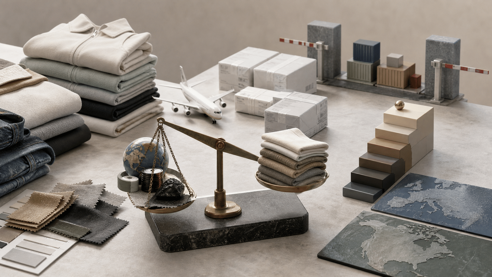 A fashion supply table with folded garments, parcels, customs gates, regional tiles, a price ladder and a margin scale under tension.