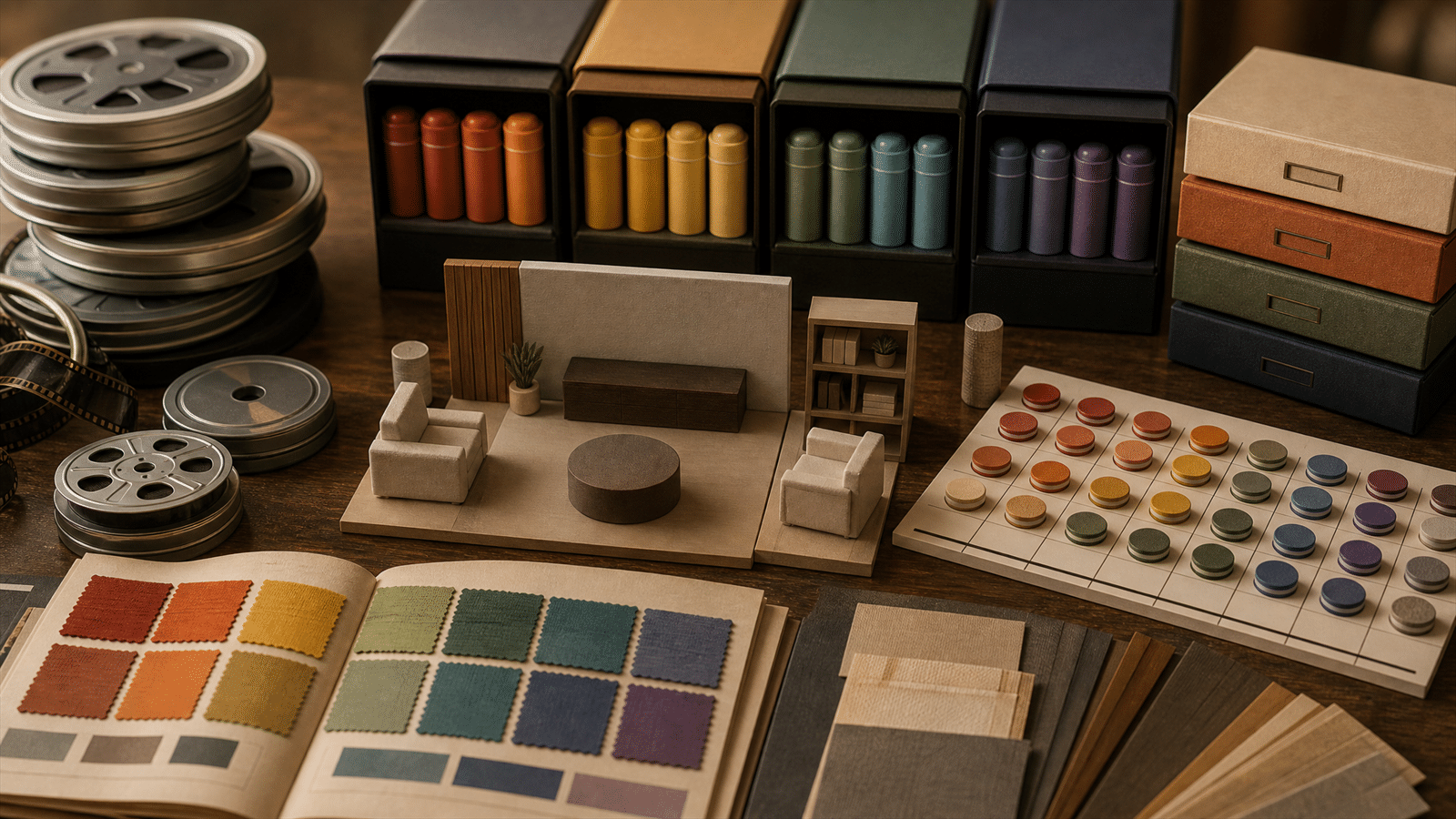 A tabletop content architecture set with film reels, season boxes, episode capsules, fabric swatches and a token publishing calendar.