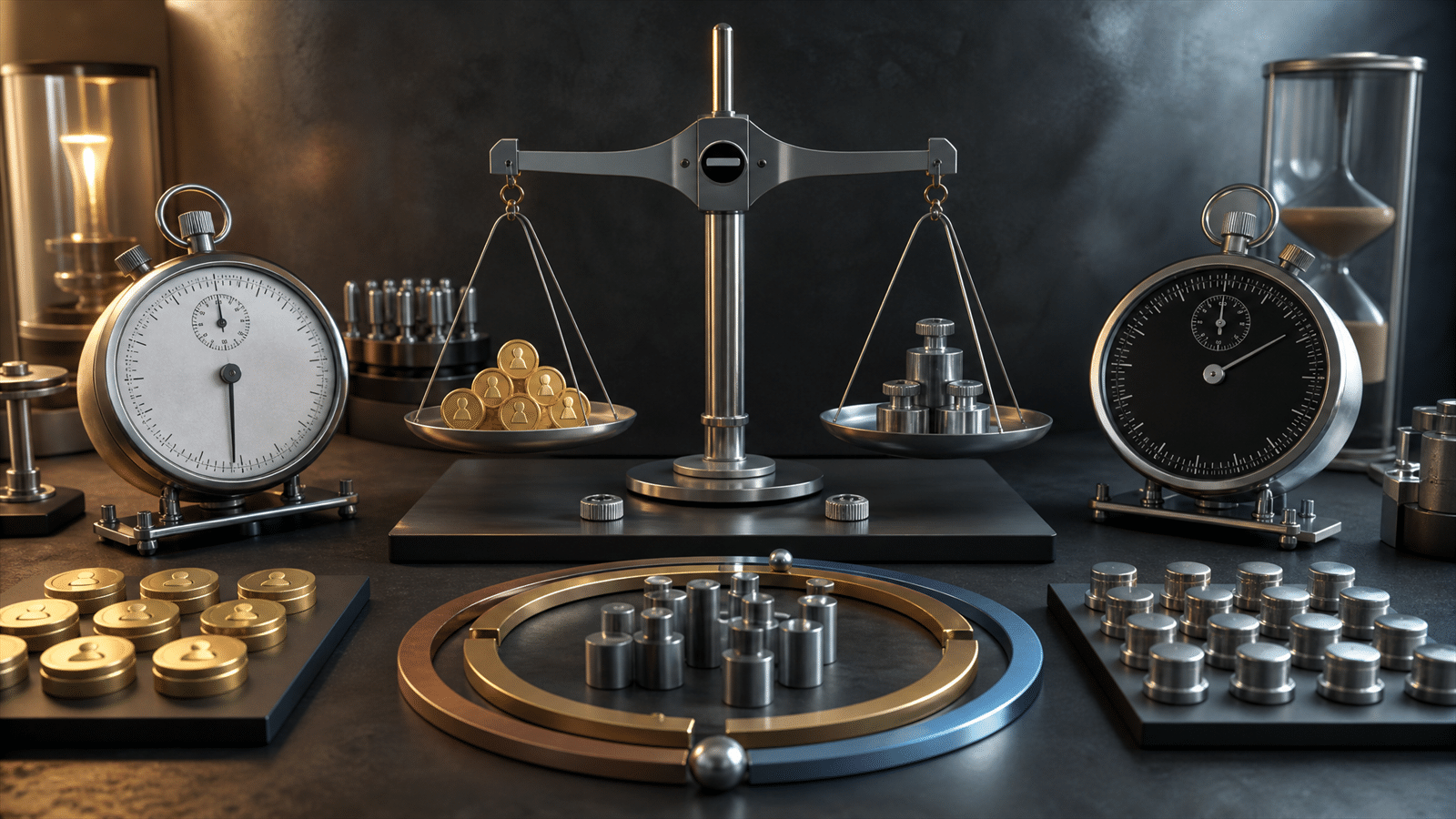 A calibration bench with two mechanical timers, conversion signal tokens and bidding weights arranged for Google Ads learning analysis.