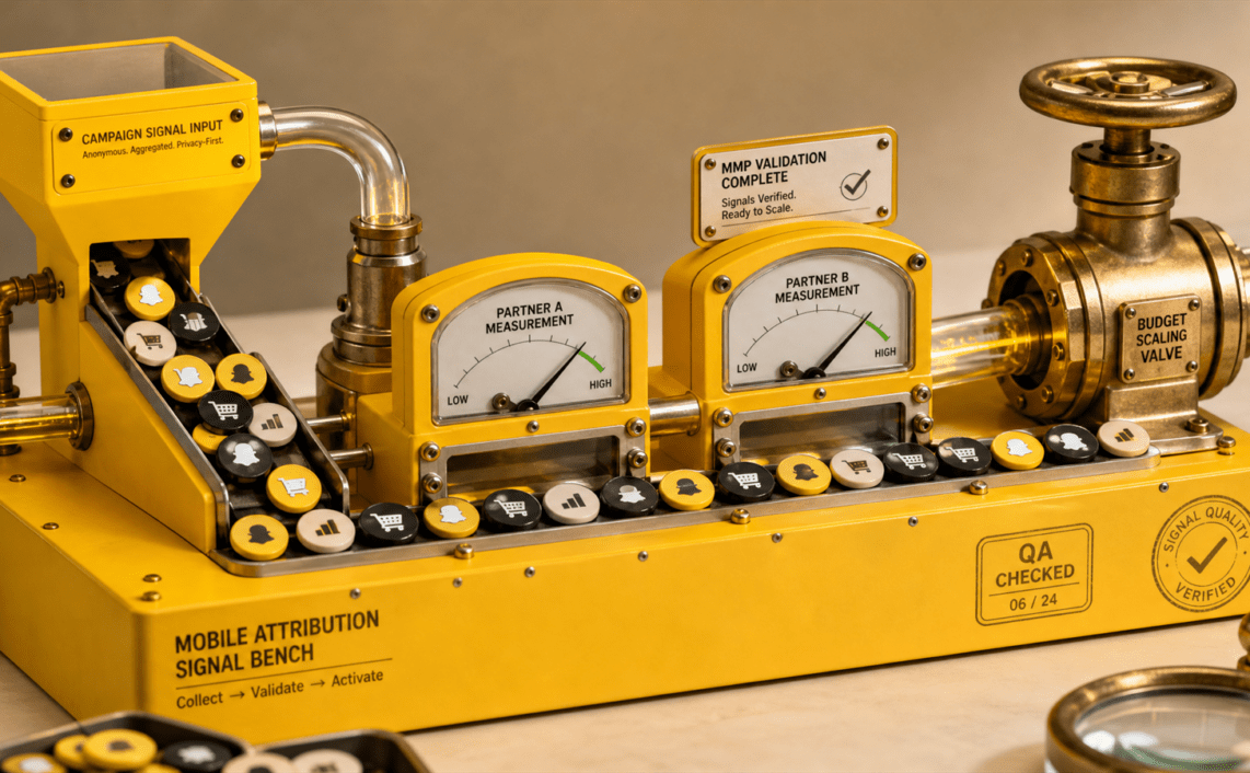 A yellow mobile attribution signal bench routes install, purchase and ROAS tokens through partner gauges before a budget valve opens.