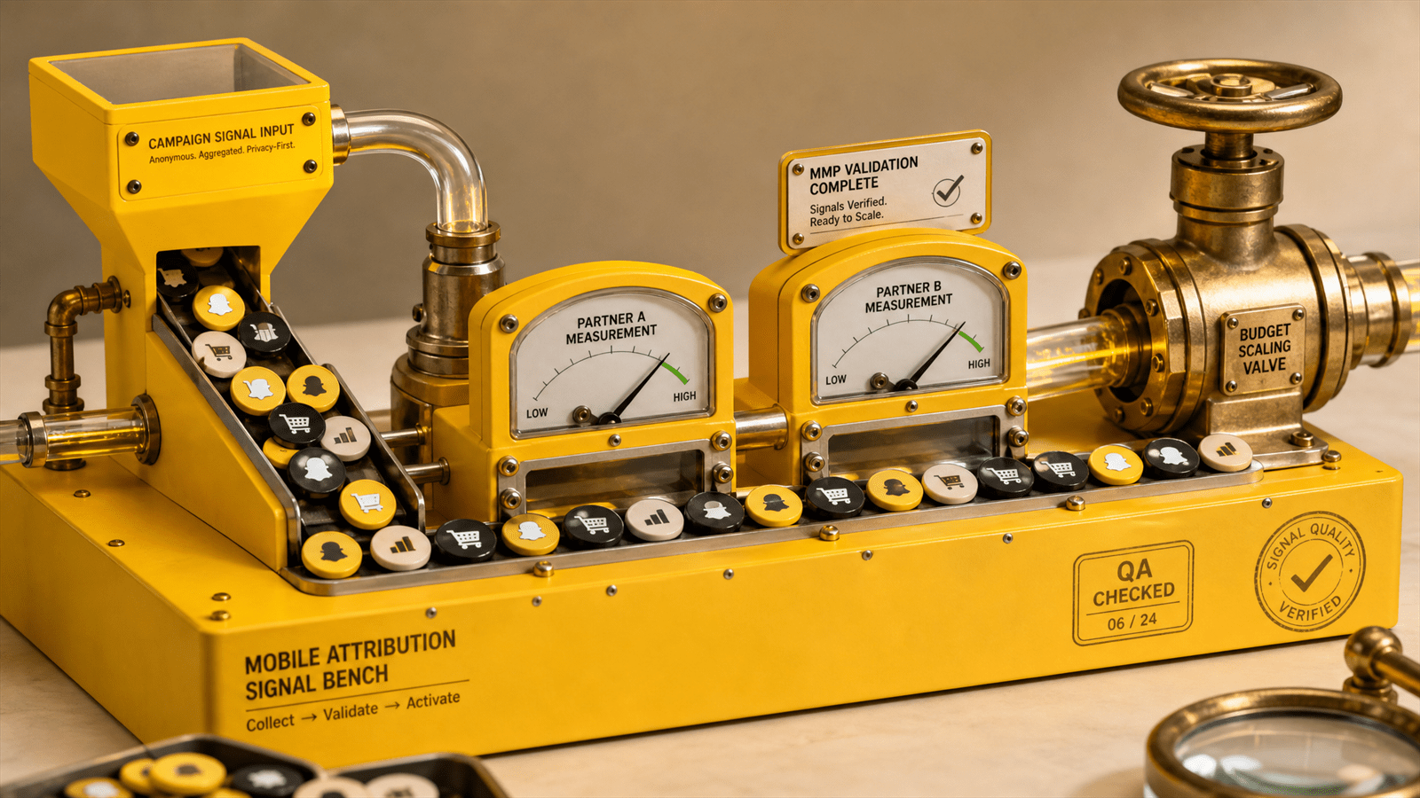 A yellow mobile attribution signal bench routes install, purchase and ROAS tokens through partner gauges before a budget valve opens.