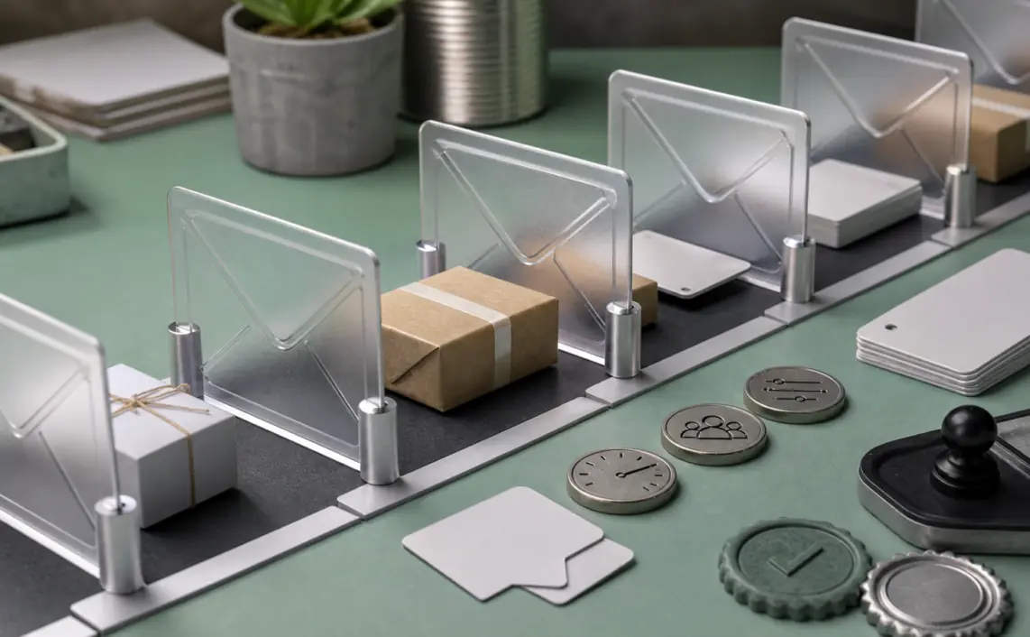 A tabletop commerce sorting scene with translucent message-envelope gates, small parcels, blank catalog cards and frequency tokens.