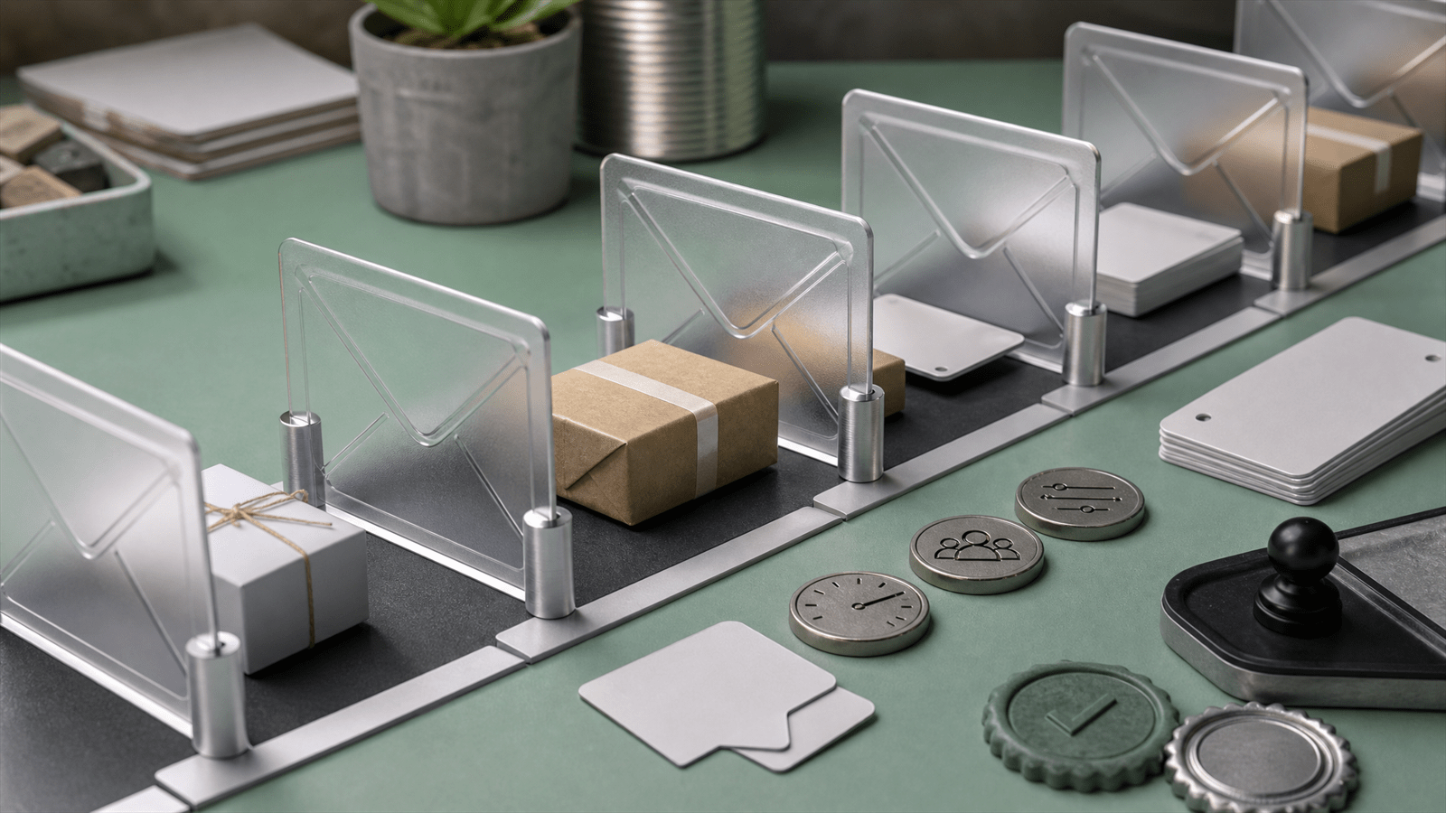 A tabletop commerce sorting scene with translucent message-envelope gates, small parcels, blank catalog cards and frequency tokens.