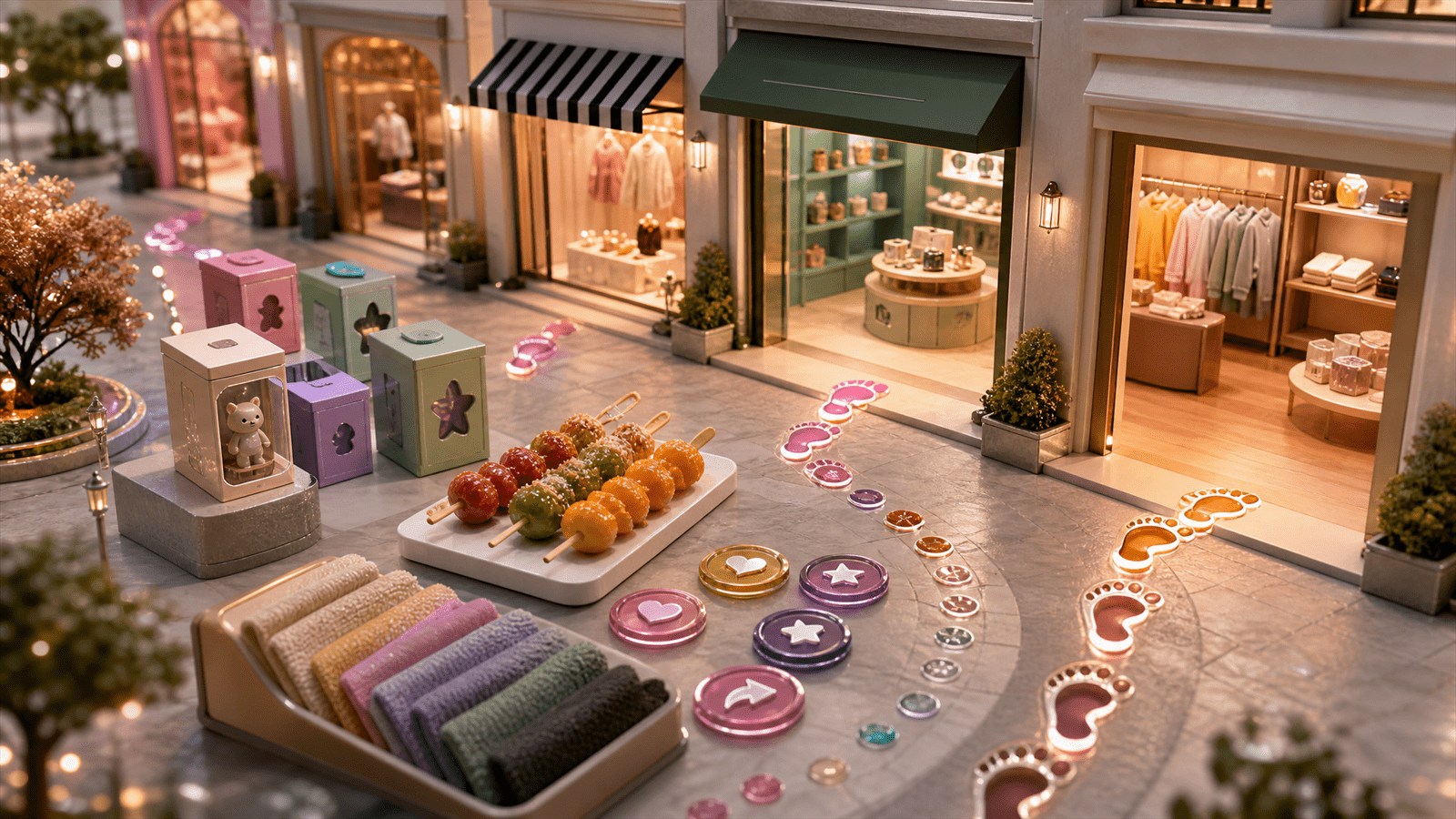 A bright miniature retail street with blind boxes, snack displays, footprints and social attention tokens leading into small storefronts.