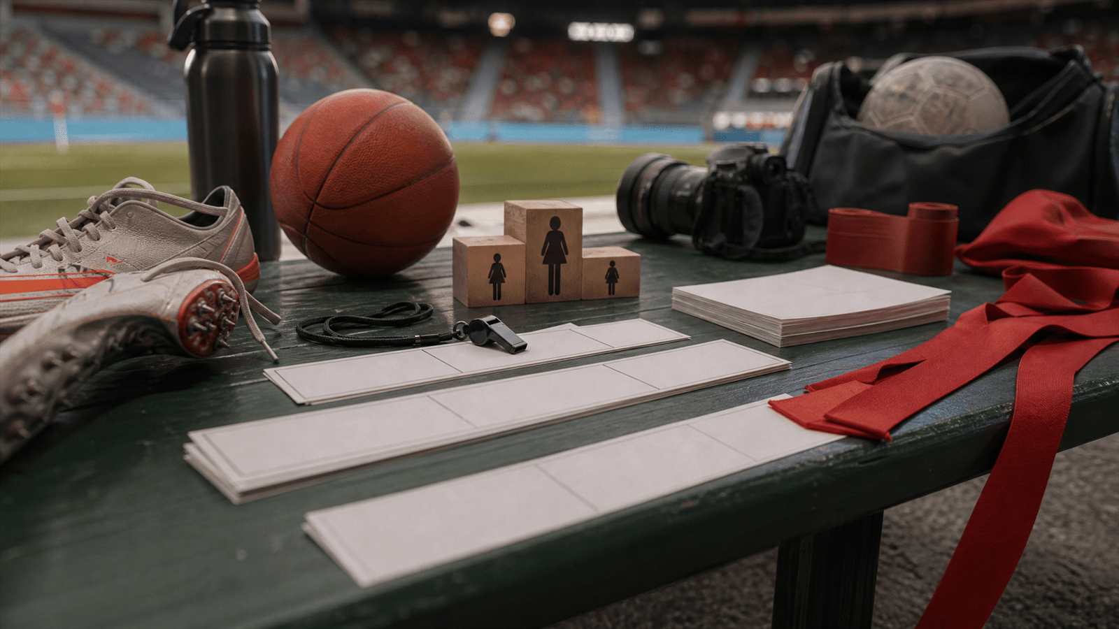 A sports creative review bench with equipment, storyboard strips, red review ribbons and athlete podium markers arranged for campaign risk assessment.