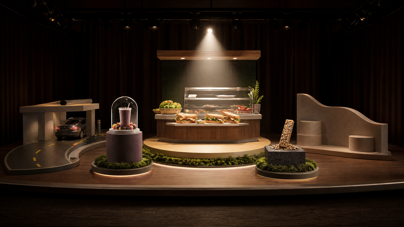 A miniature lunch-choice stage with competing meal props, a fresh sandwich spotlight and value markers arranged like a brand decision scene.