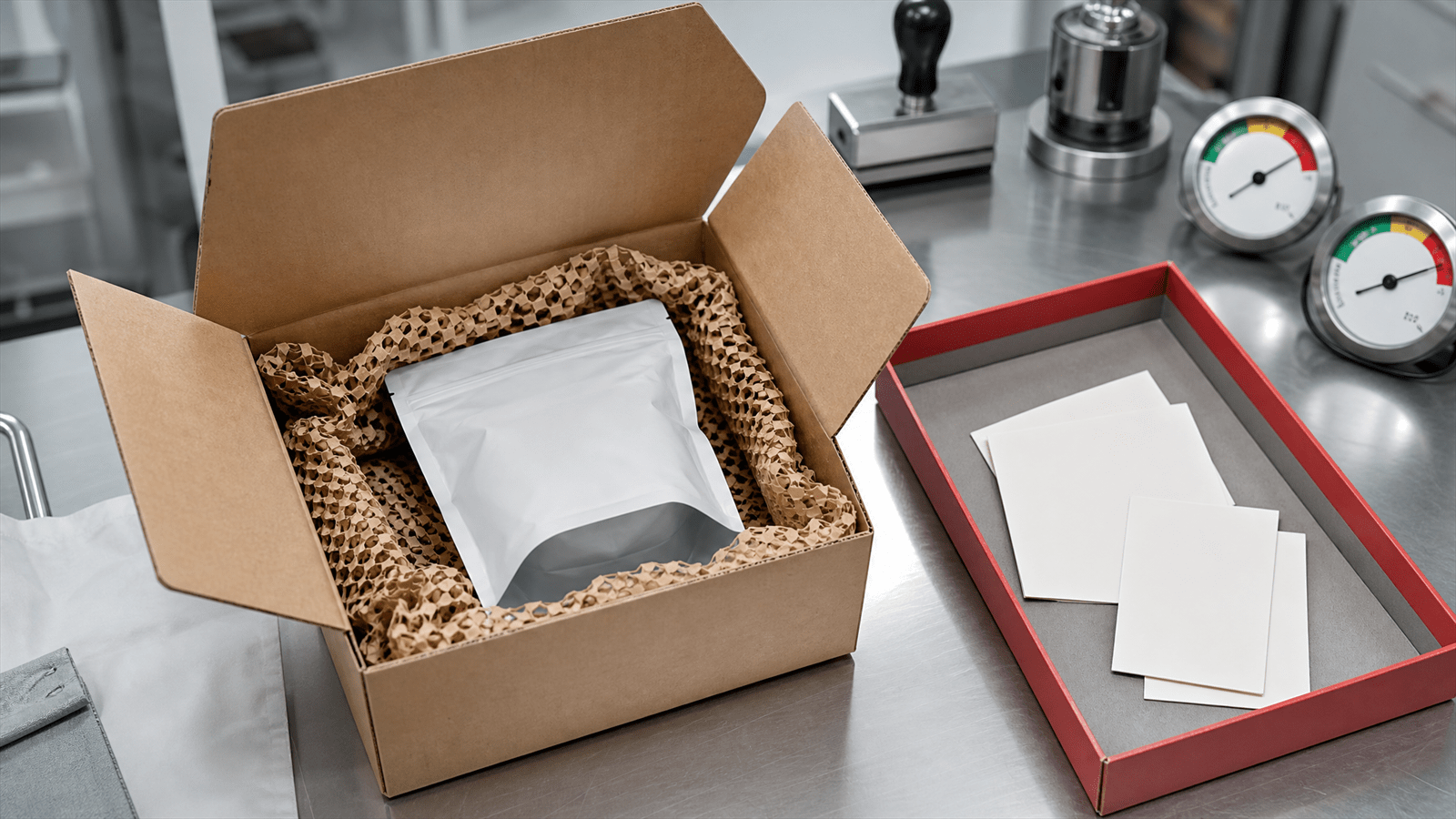An open ecommerce parcel on an inspection bench with blank insert cards removed into a tray to represent packaging compliance.