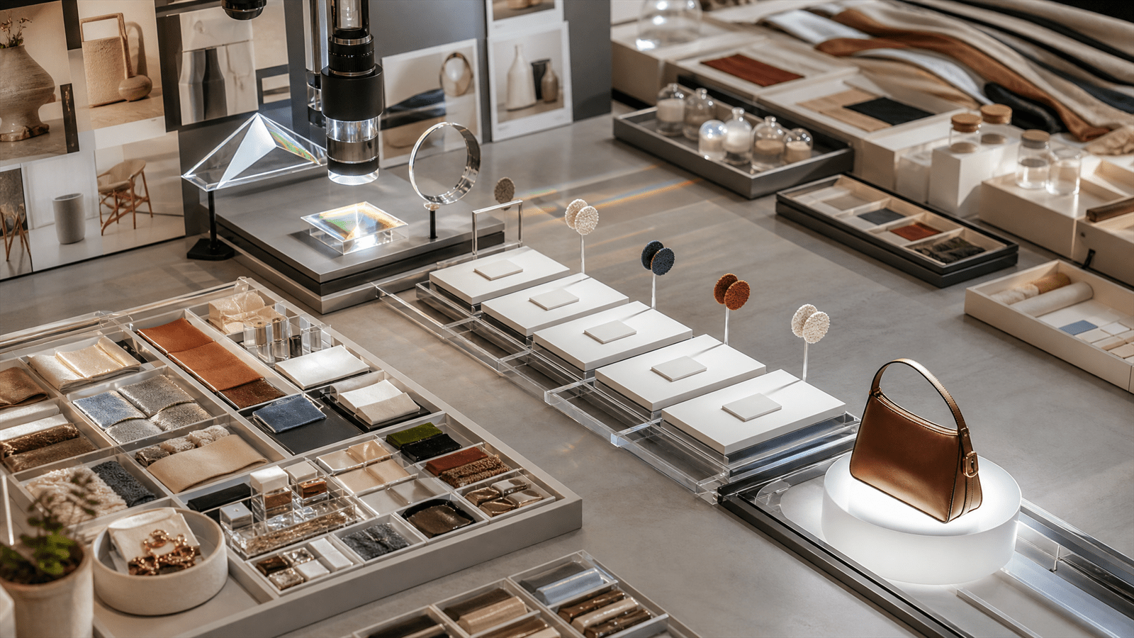A visual-search commerce workbench with product tiles, lens prisms, catalog swatches and checkout-path rails arranged for retail testing.