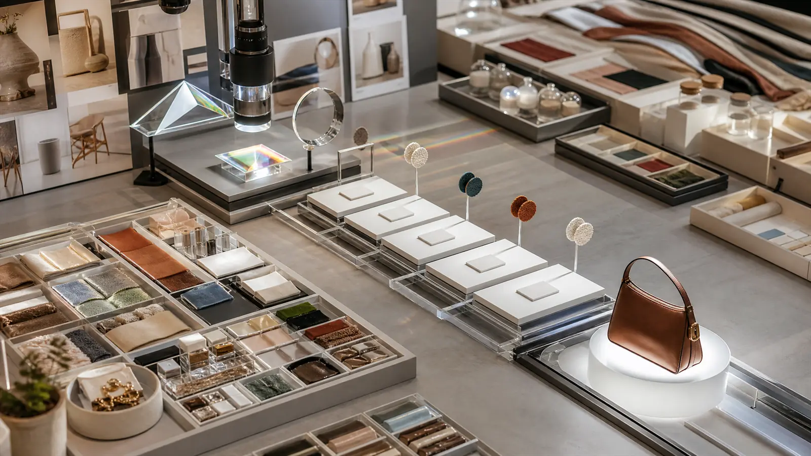 A visual-search commerce workbench with product tiles, lens prisms, catalog swatches and checkout-path rails arranged for retail testing.