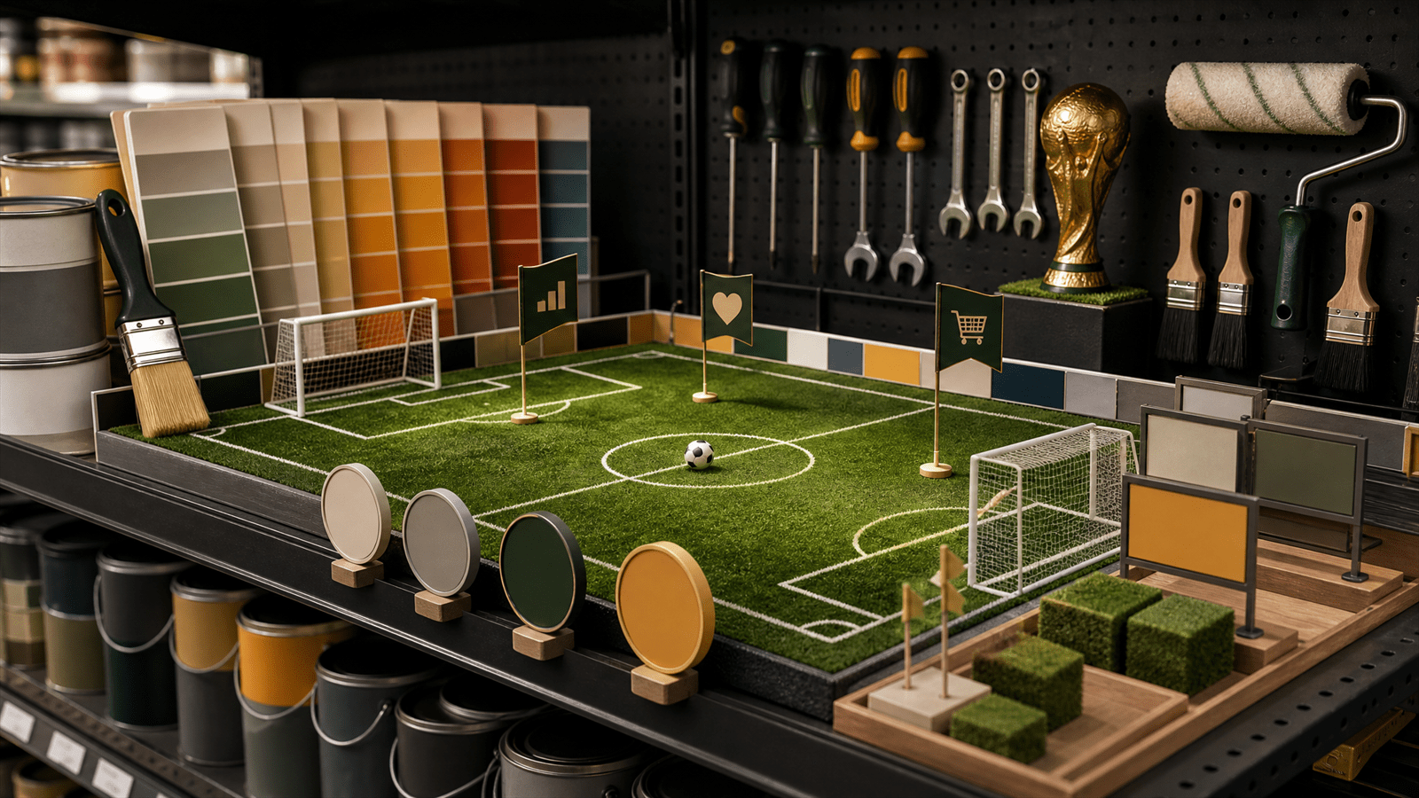 A miniature soccer pitch built into a hardware shelf with paint swatches, tools, supplier tokens and measurement flags.